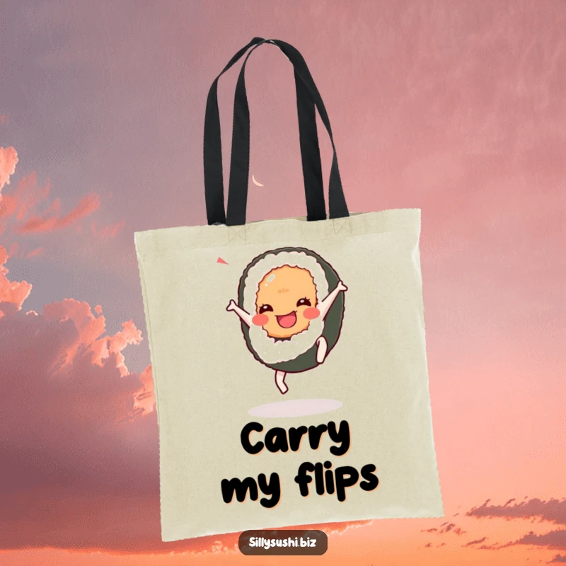 Funny Cartwheel Sushi Tote Bag illustrating a sushi character doing a cartwheel. Practical and full of energetic humor.