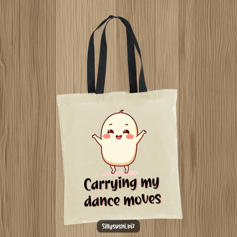 Funny Nigiri Dance Tote Bag illustrating a grinning sushi character performing an energetic, silly dance. A practical and humorous accessory.