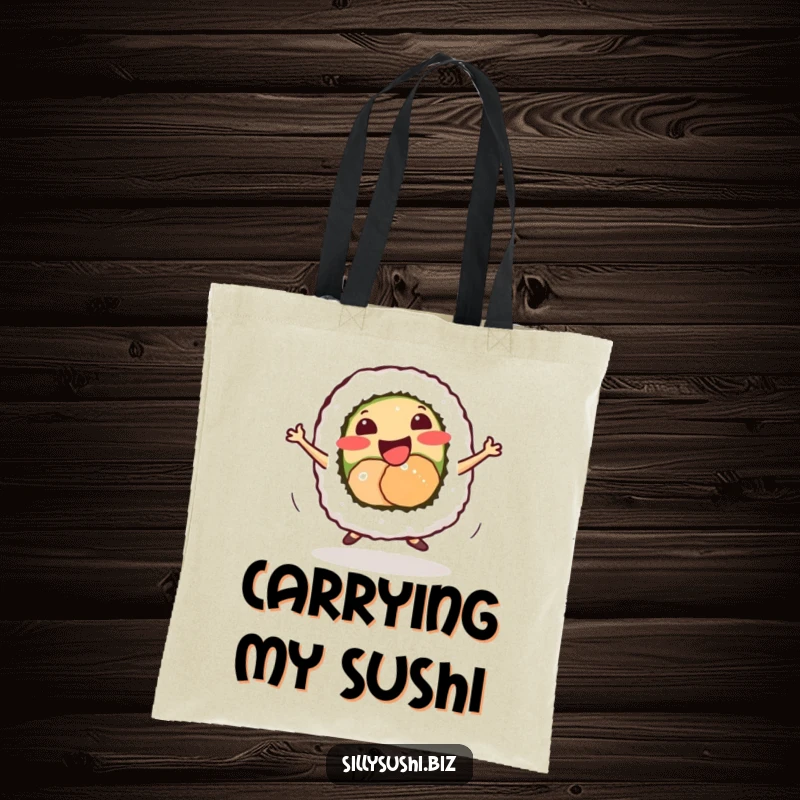 Funny smiling sushi roll doing a tiny energetic dance, on a durable and stylish tote bag.