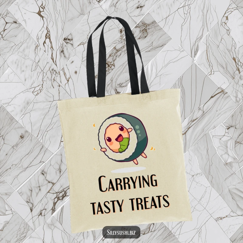 Funny Tote Bag with a happy sushi roll doing a playful somersault, perfect for carrying essentials with a splash of food humor.