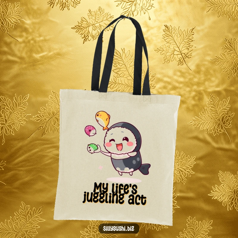 Funny sushi character juggling colorful roe on a tote bag, perfect for carrying essentials with a smile. Great funny gift.