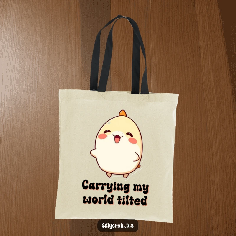 Funny Nigiri Sushi Tote Bag: A happy, tilted nigiri character on a practical tote, perfect for shopping and gifts. Hilarious and functional.