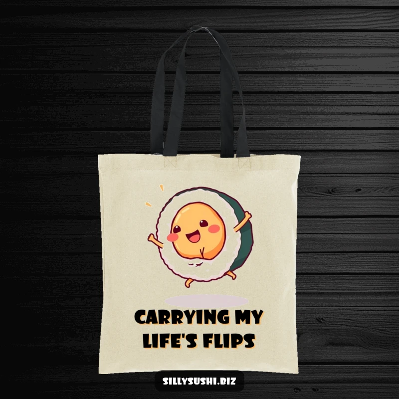 Funny sushi piece mid-cartwheel on a tote bag, designed for practical use and humorous appeal. Excellent funny gift.