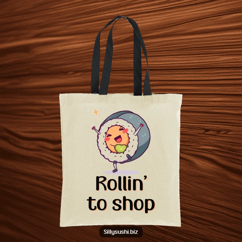 Funny Sushi Roll Tote Bag: A tote bag featuring a sushi roll character cartwheeling with a wink. Practical and humorous, a funny gift.