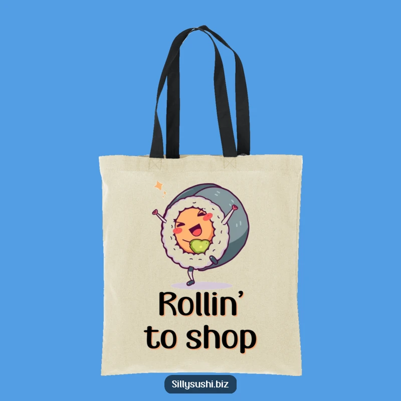 Funny Sushi Roll Tote Bag: Cartwheeling Character, Perfect for Groceries & Gifts