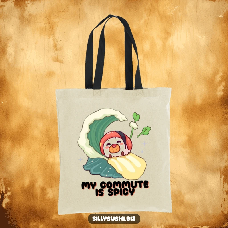 Funny sushi piece riding a wasabi wave on a tote bag, perfect for carrying items with flair. Great funny gift.