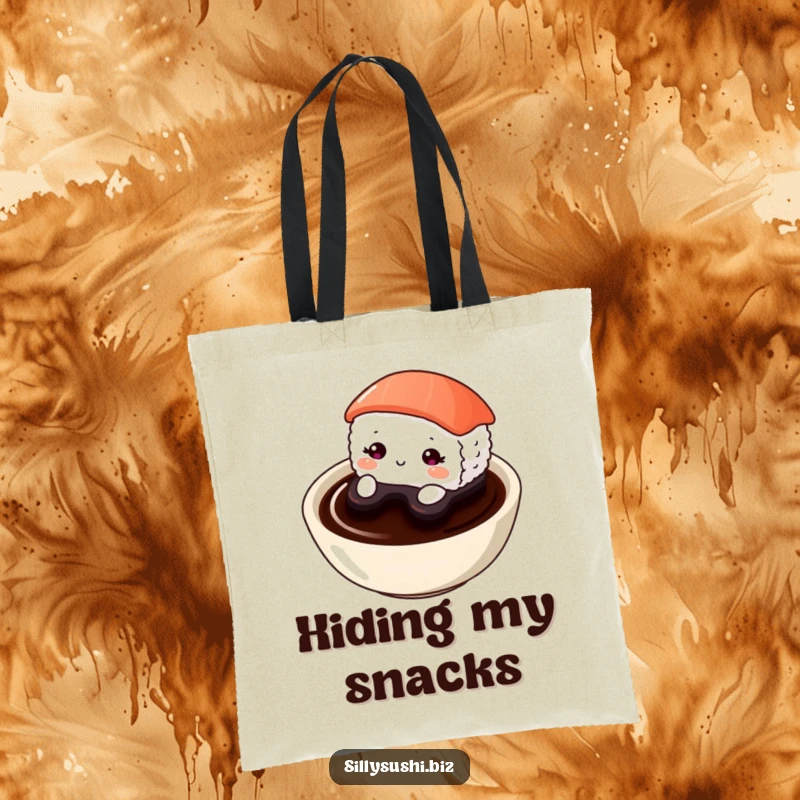 Funny Shy Sushi Tote Bag illustrating a timid sushi piece peeking coyly from a soy sauce dish. Practical and charming.