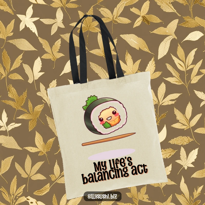 Funny sushi roll balancing on a chopstick on a tote bag, perfect for carrying essentials with humor. Great funny gift.