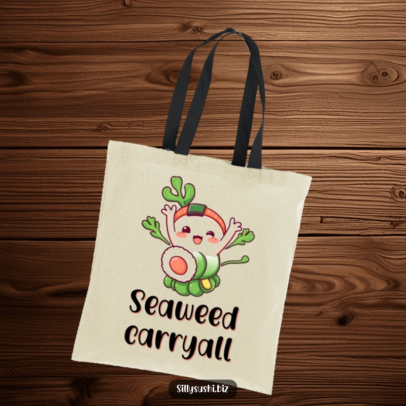 Funny Seaweed Sushi Tote Bag: A practical tote featuring a happy seaweed sushi roll waving. A humorous and useful funny gift.